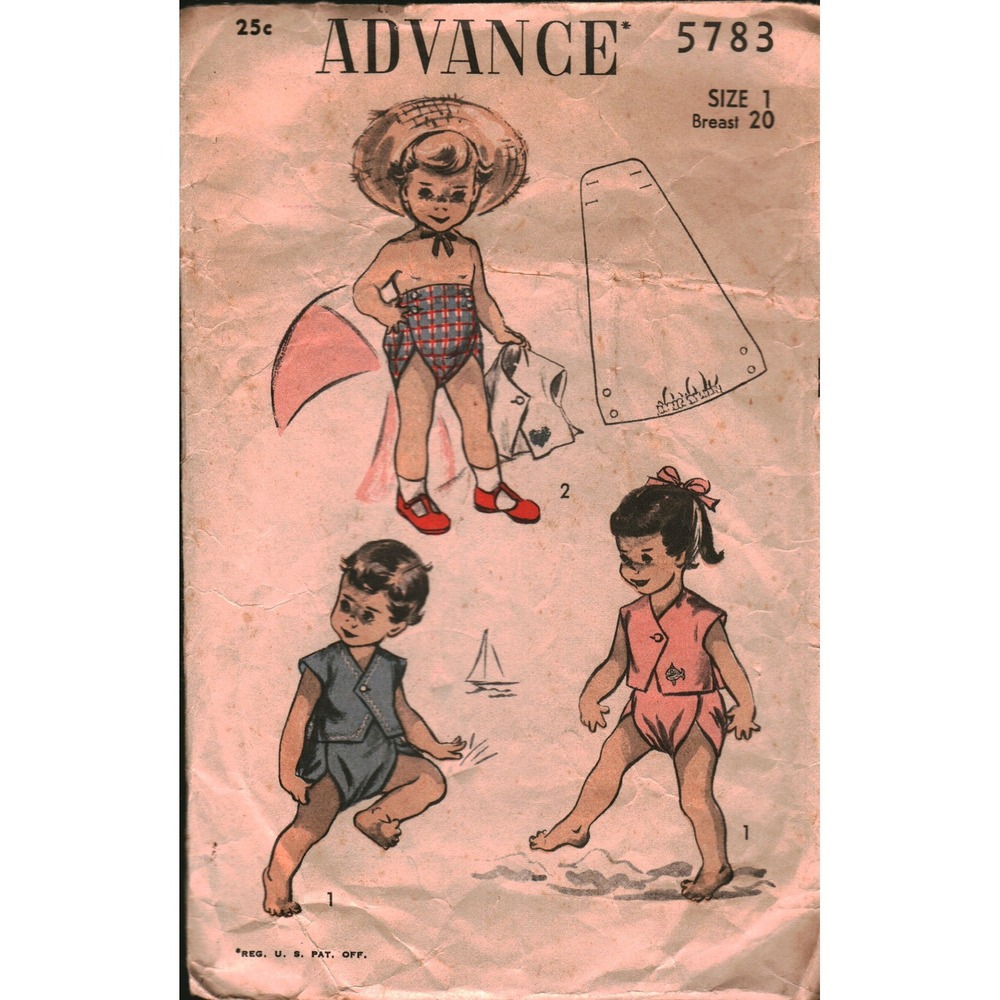 Vintage Advance 5783 Sewing Pattern Toddler Sunsuit Beachwear Size 1 Breast 20